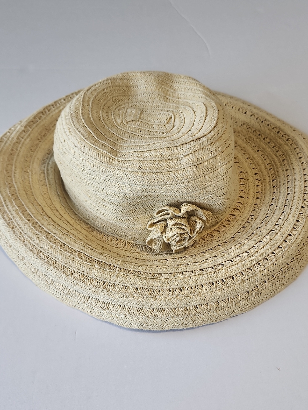 Cream Braided Straw Sun Hat with Floral Accent
